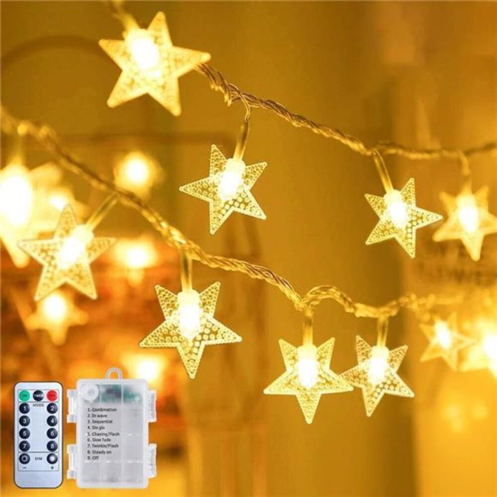 Battery operated star string lights 50 LED fairy lights warm white remote timer